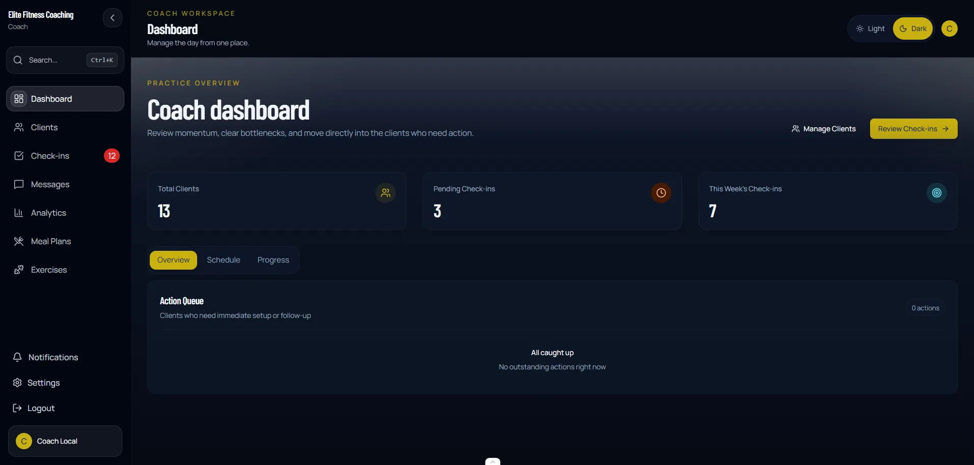 CoachingPortal client management dashboard showing workouts, nutrition, check-ins, and messaging in a single interface