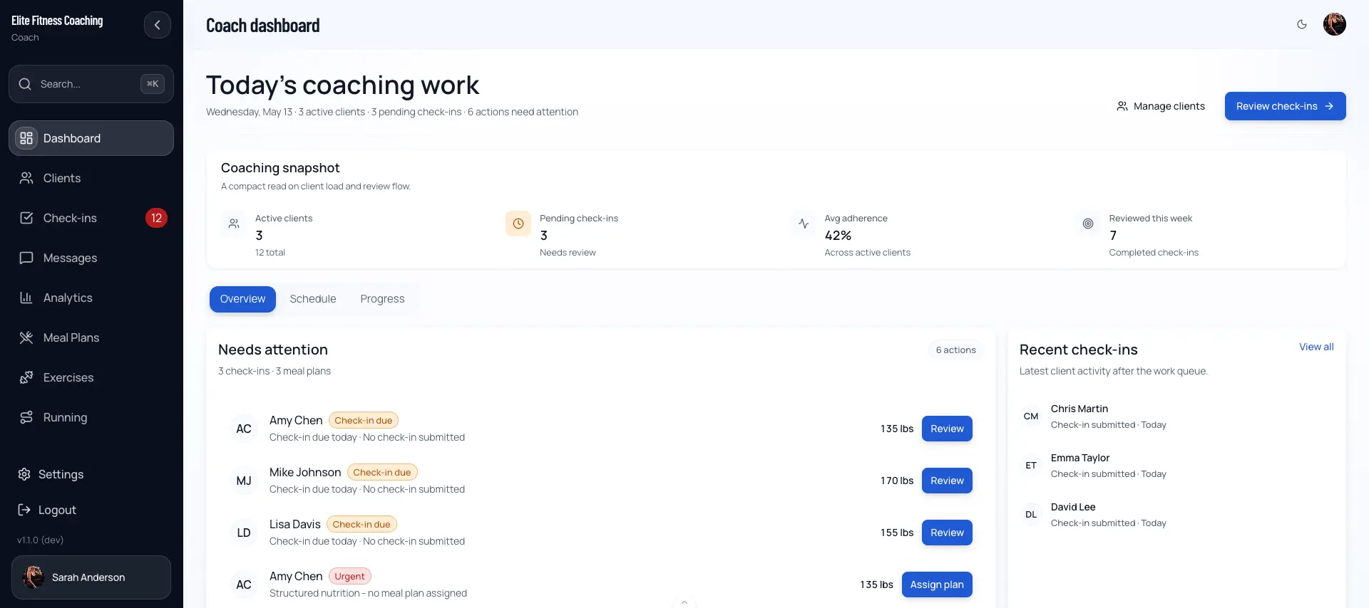CoachingPortal client management dashboard where weekly check-ins are reviewed and responded to