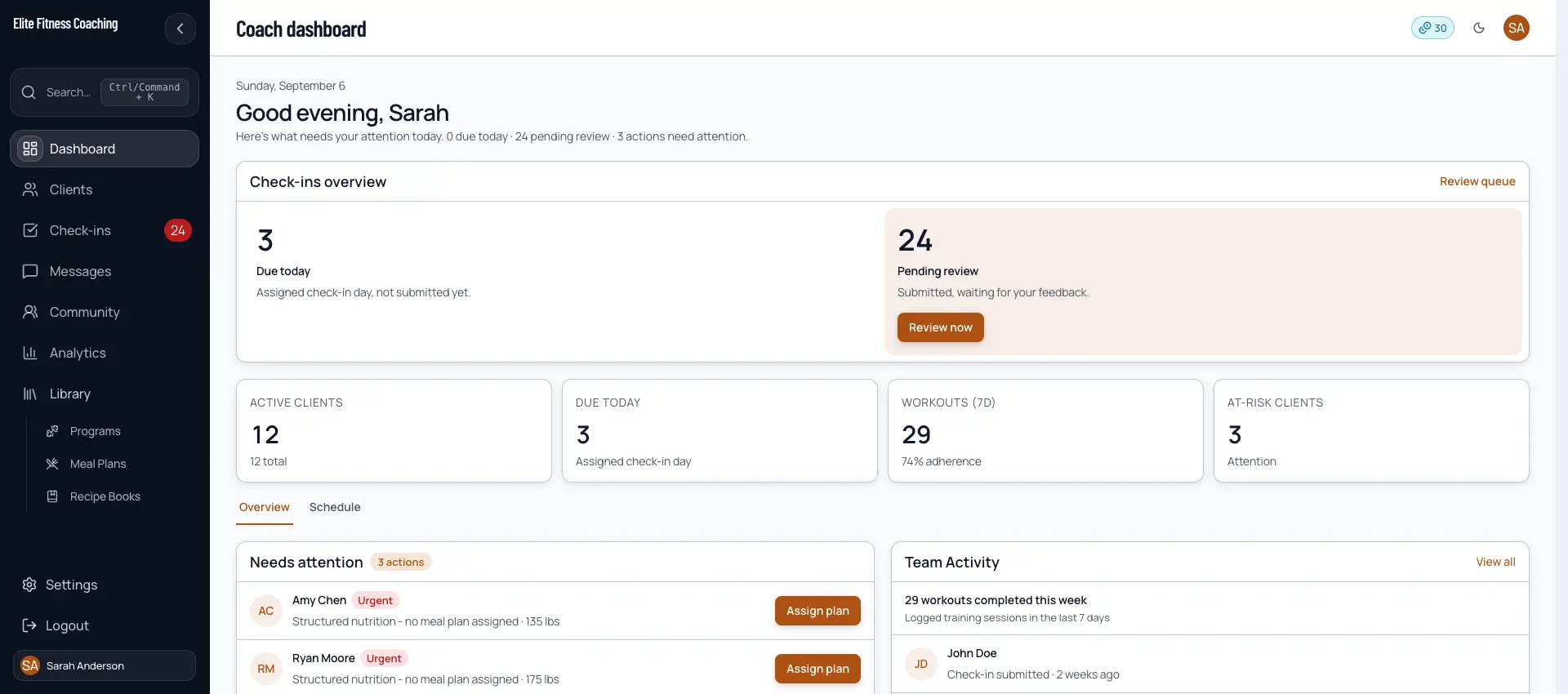 Elite Fitness Coaching coach dashboard showing 0 due today and 24 check-ins pending review