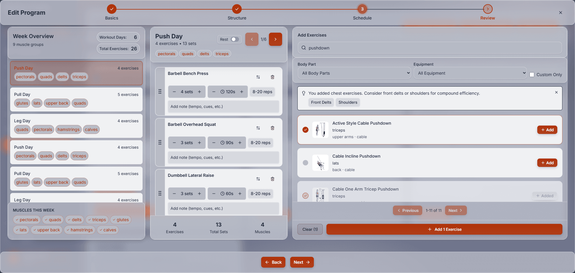 Exercise Program Builder - Full-screen drag-and-drop interface
