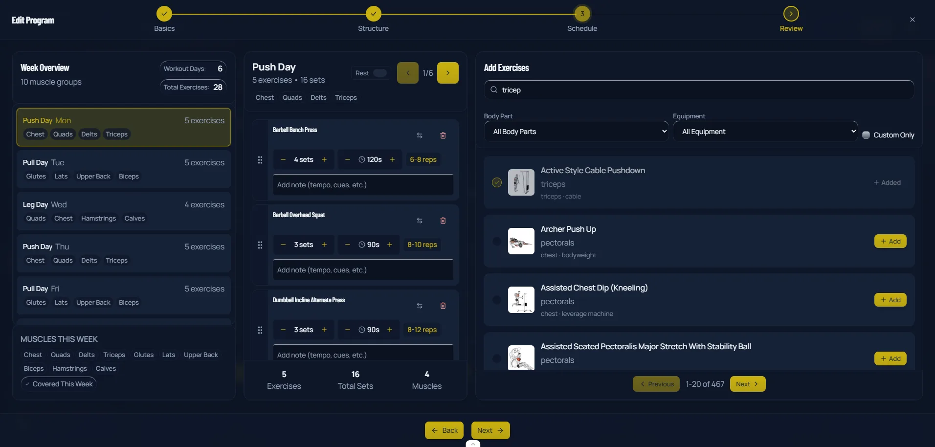 CoachingPortal exercise program builder showing RIR-based auto-periodization and recurring check-ins