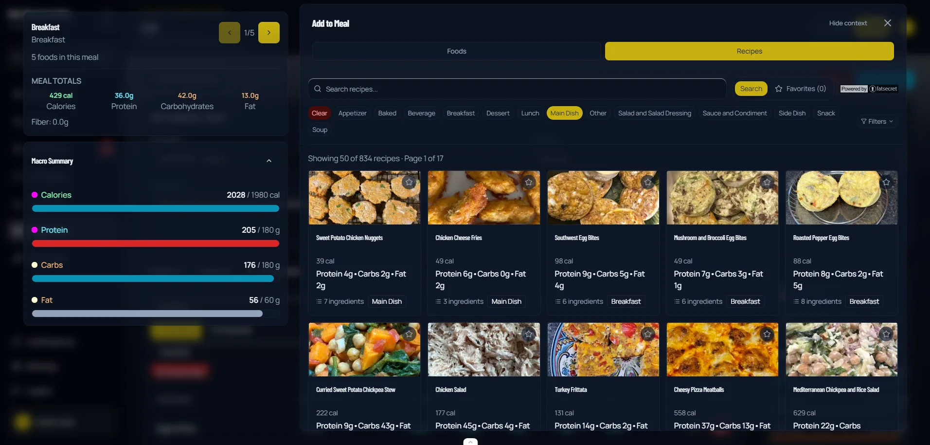 Meal plan builder interface in CoachingPortal online coaching software with macro tracking